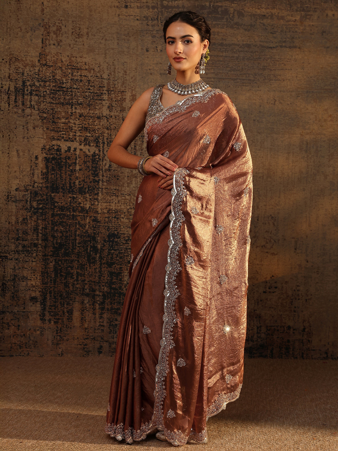 Brown Embellished Tissue Saree With Unstitched Blouse Piece