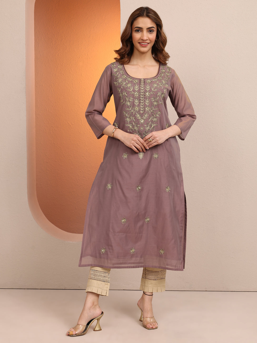 Brown Embroidered Chanderi Silk Straight Kurta