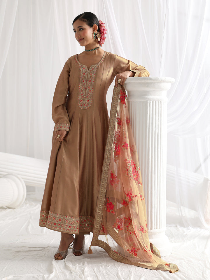 Brown Embroidered Silk Blend A-Line Suit Set With Dupatta