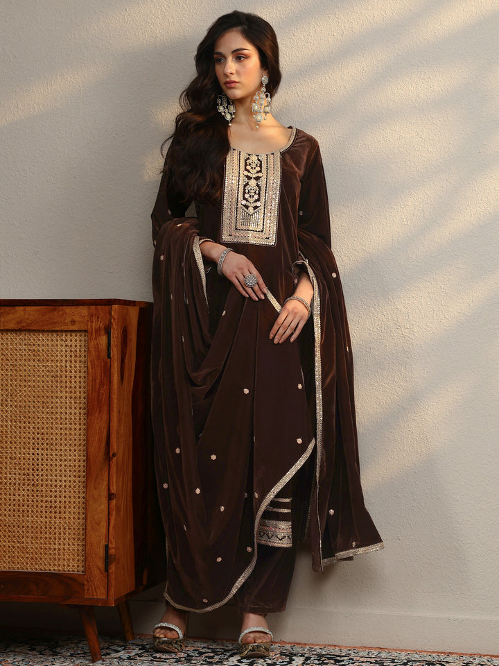 Brown Embroidered Velvet A-Line Suit Set With Dupatta