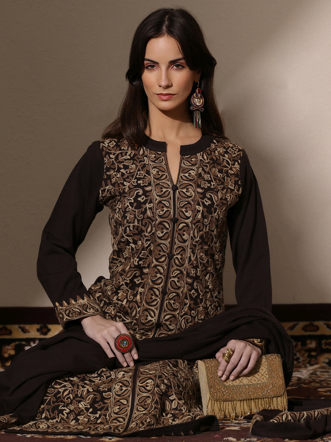 Brown Embroidered Wool Straight Suit Set With Dupatta
