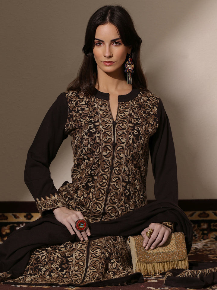 Brown Embroidered Wool Straight Suit Set With Dupatta