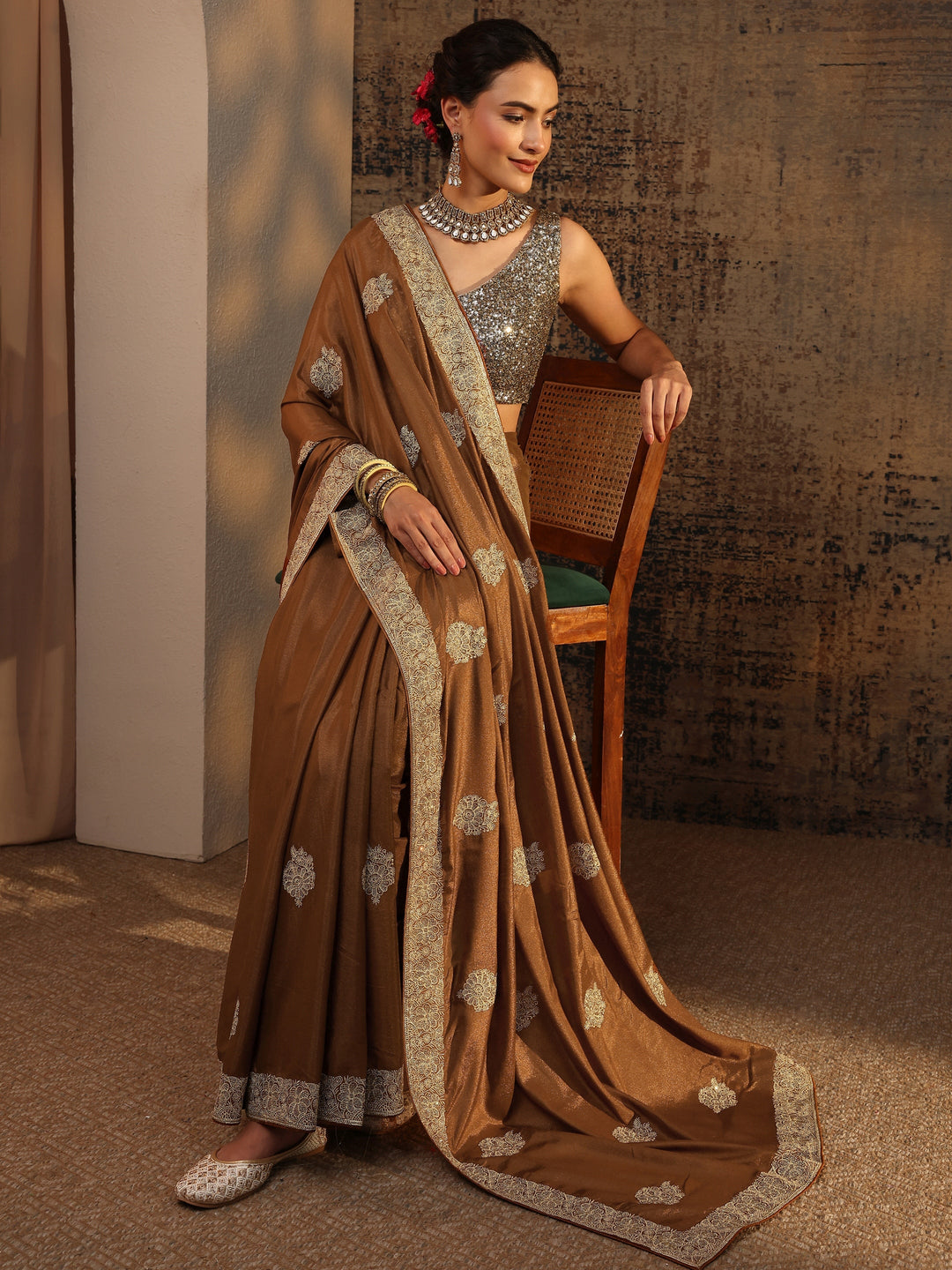 Brown Ethnic Motifs Embellished Satin Saree With Unstitched Blouse Piece
