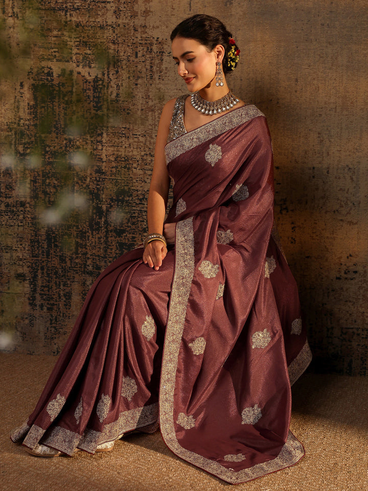 Brown Ethnic Motifs Embellished Satin Saree With Unstitched Blouse Piece