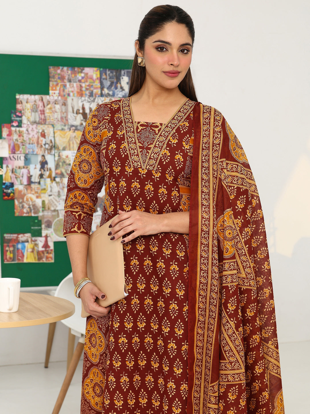 Brown Ethnic Motifs Printed Cotton Blend A-Line Suit Set With Dupatta
