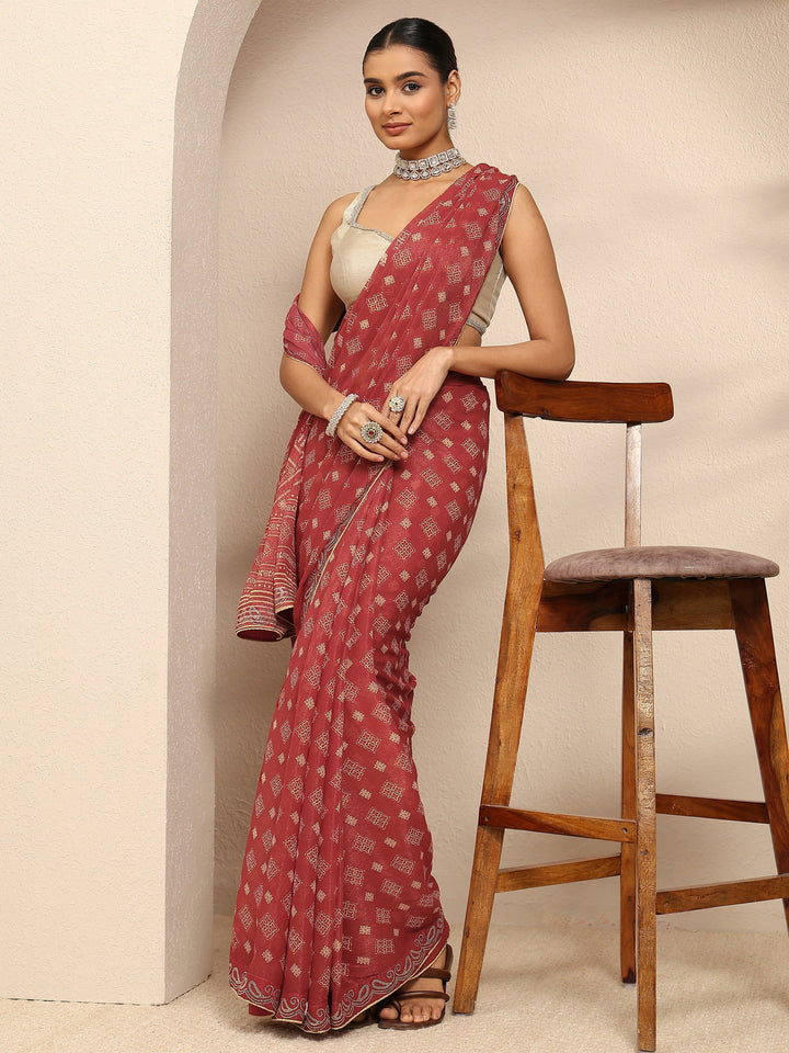 Brown Ethnic Motifs Printed Silk Blend Saree With Unstitched Blouse Piece