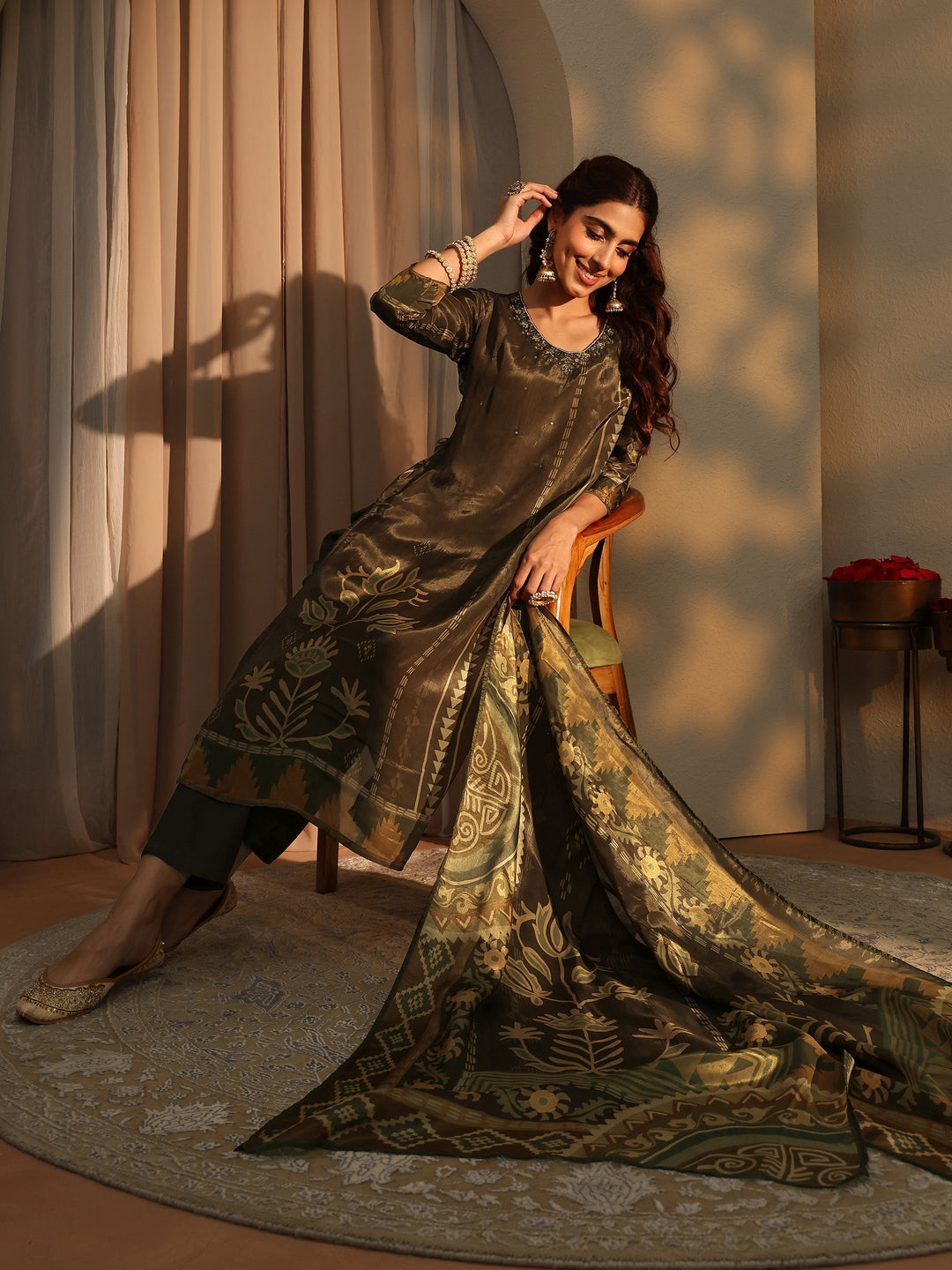 Brown Ethnic Motifs Printed Silk Crepe Straight Suit Set With Dupatta