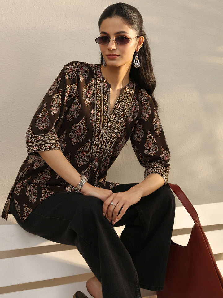 Brown Ethnic Printed Cotton A-Line Short Kurti