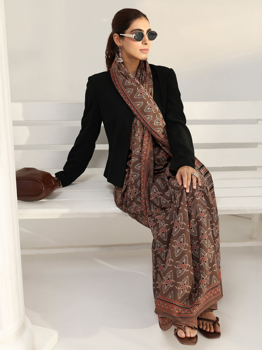 Brown Ethnic Dabu Print Cotton Saree
