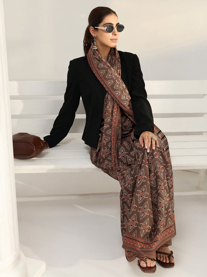Brown Ethnic Dabu Print Cotton Saree