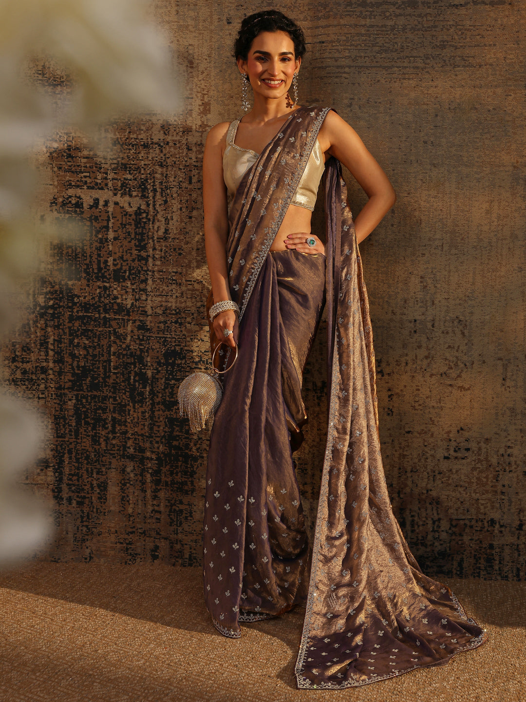 Brown Floral Embellished Satin Saree With Unstitched Blouse Piece