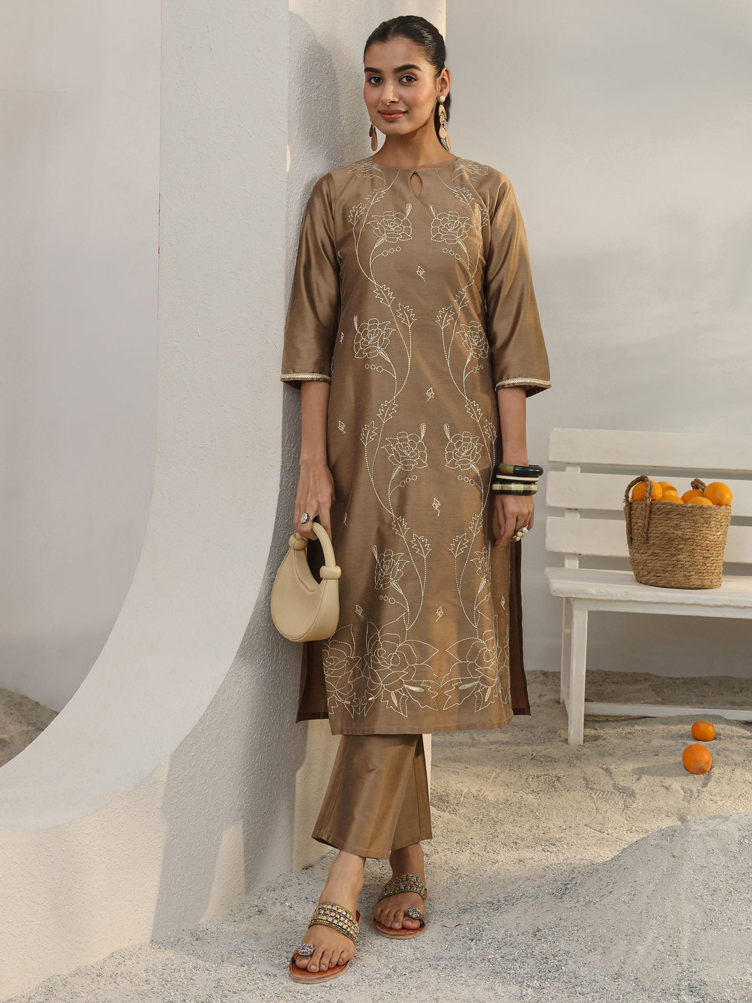 Brown Floral Embroidered Silk Blend Straight Kurta Set