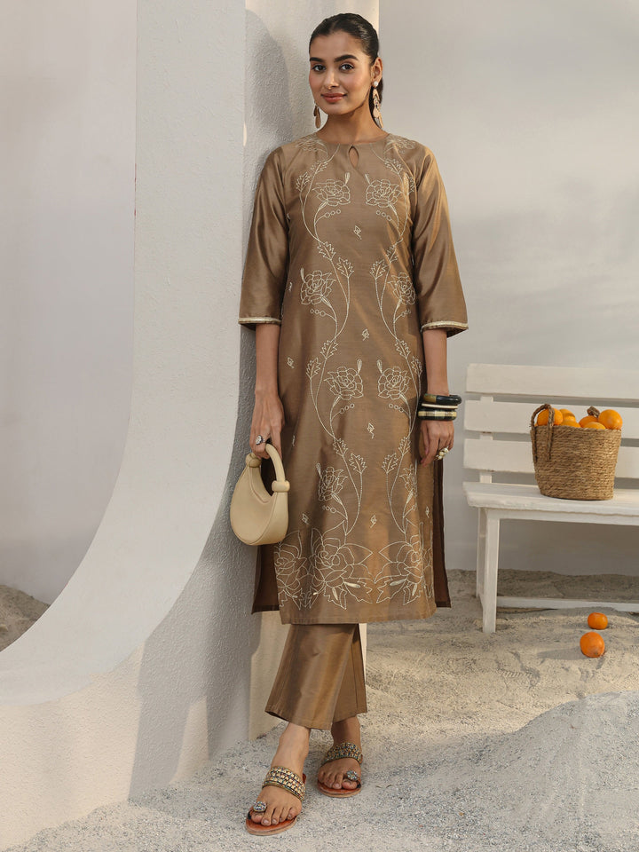Brown Floral Embroidered Silk Blend Straight Kurta Set