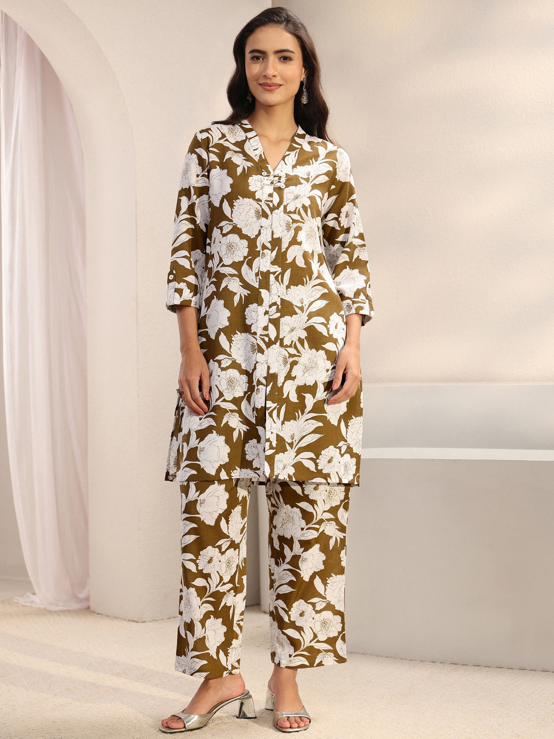 Brown Floral Printed Cotton Blend Co-Ord Set