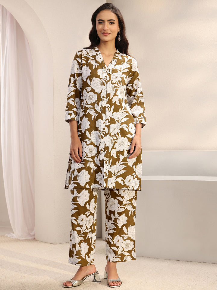 Brown Floral Printed Cotton Blend Co-Ord Set