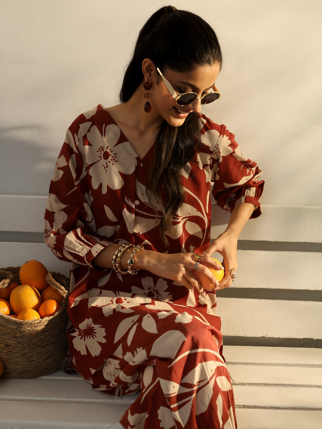 Brown Floral Printed Cotton Co-Ord Set