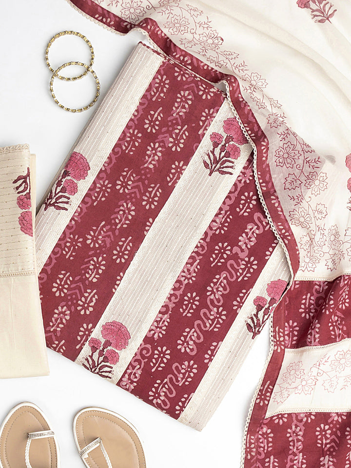 Brown Floral Printed Cotton Dress Material With Dupatta
