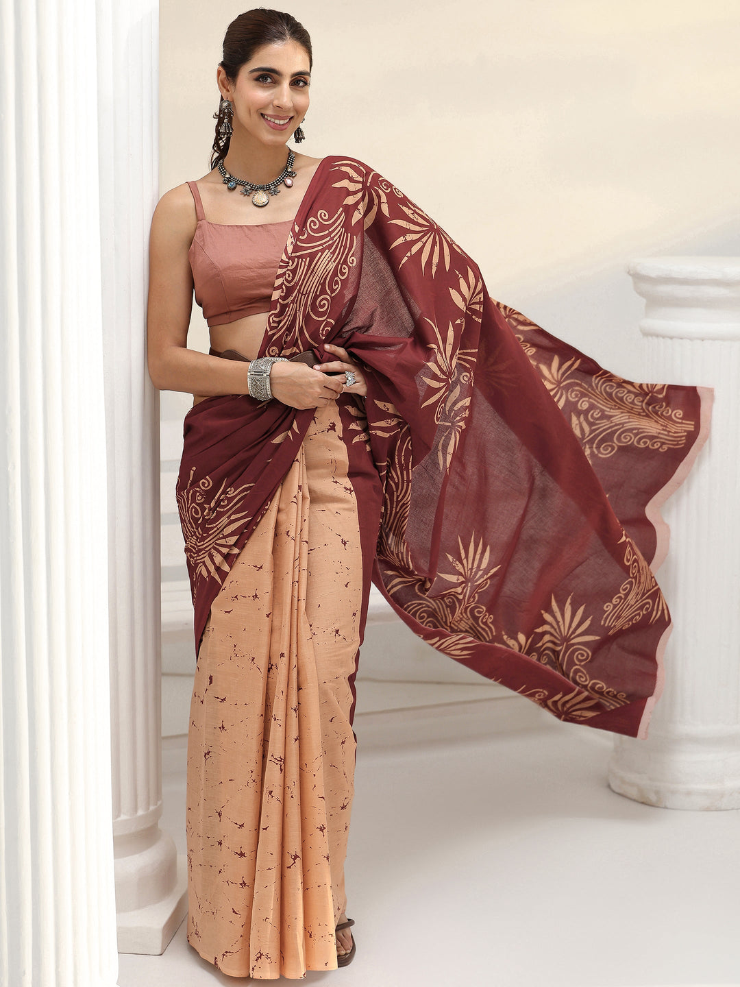 Brown Floral Printed Cotton Saree