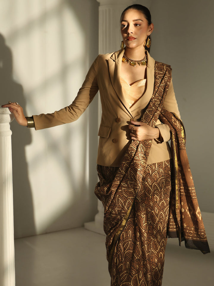 Brown Floral Printed Cotton Saree