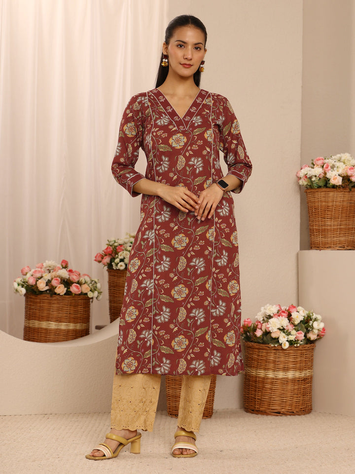 Brown Floral Printed Cotton Straight Kurta