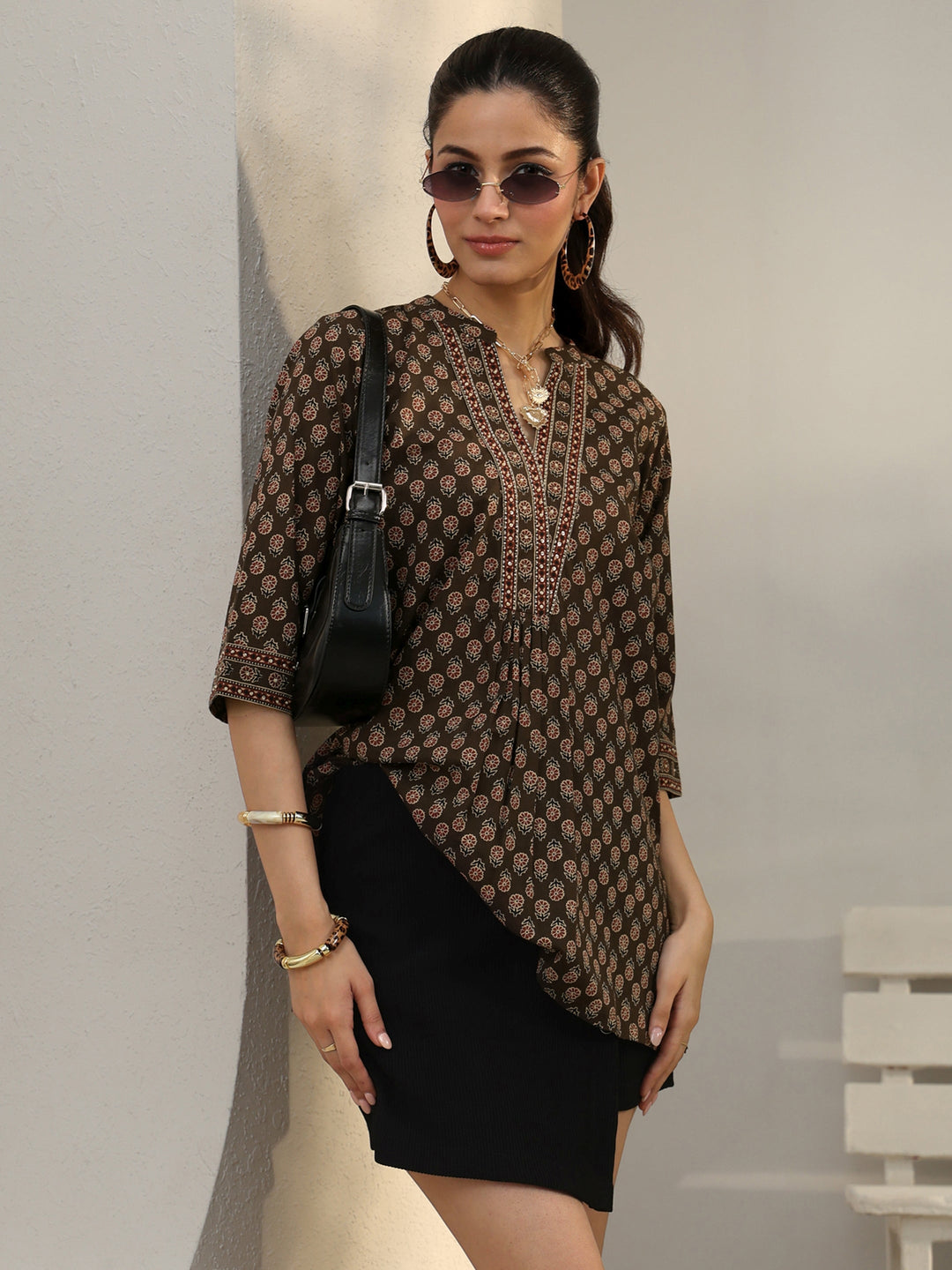 Brown Floral Printed Cotton Straight Short Kurti