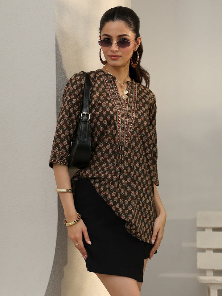 Brown Floral Printed Cotton Straight Short Kurti