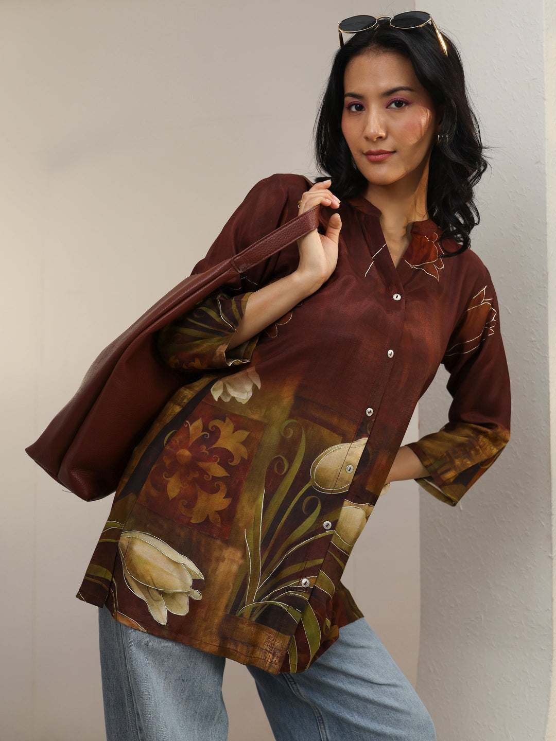 Brown Floral Printed Muslin Straight Short Kurti