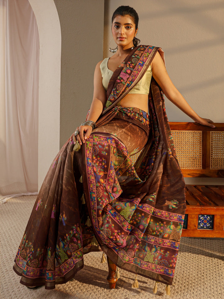 Brown Floral Printed Silk Blend Ombre Tassel Saree With Unstitched Blouse Piece
