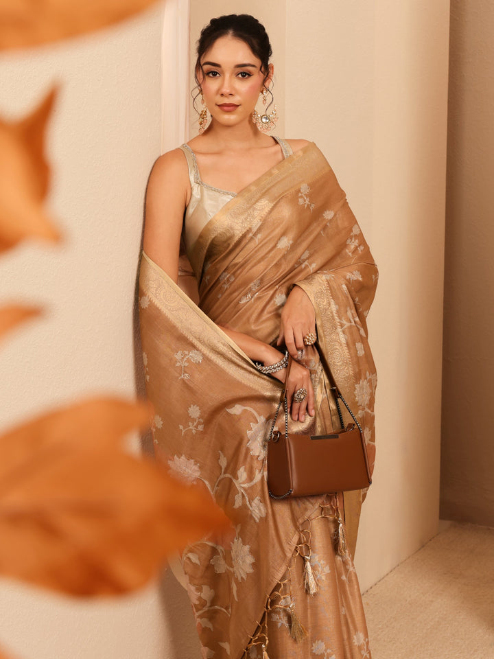 Libas Brown Floral Printed Silk Blend Saree