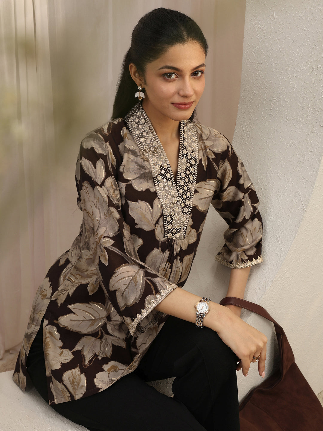 Brown Floral Printed Silk Blend Straight Short Kurti
