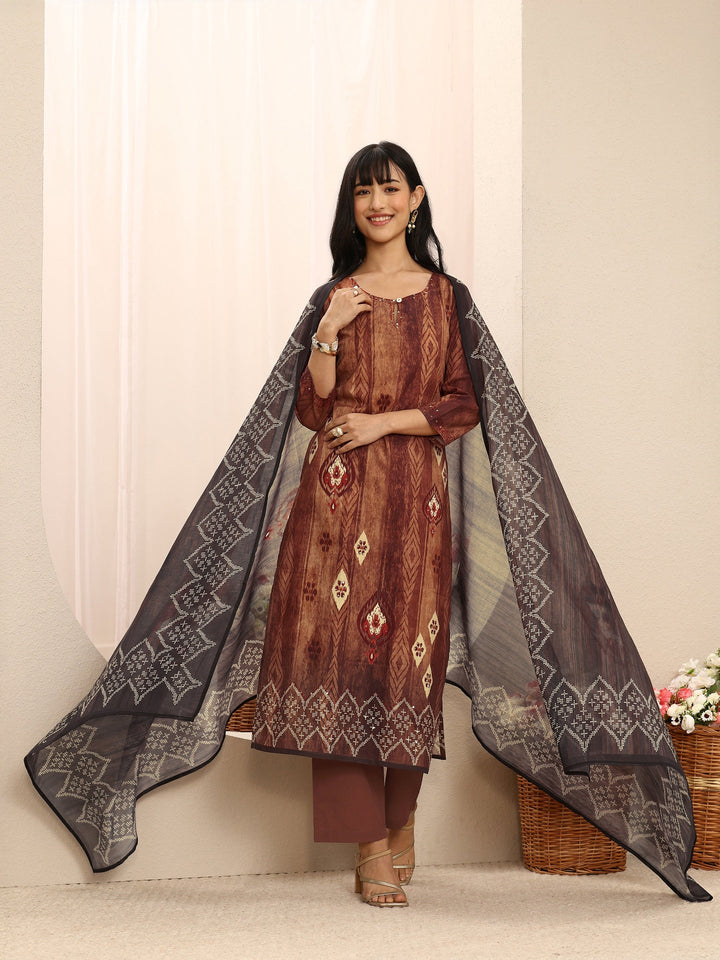 Brown Geometric Printed Cotton Blend Straight Suit Set With Dupatta