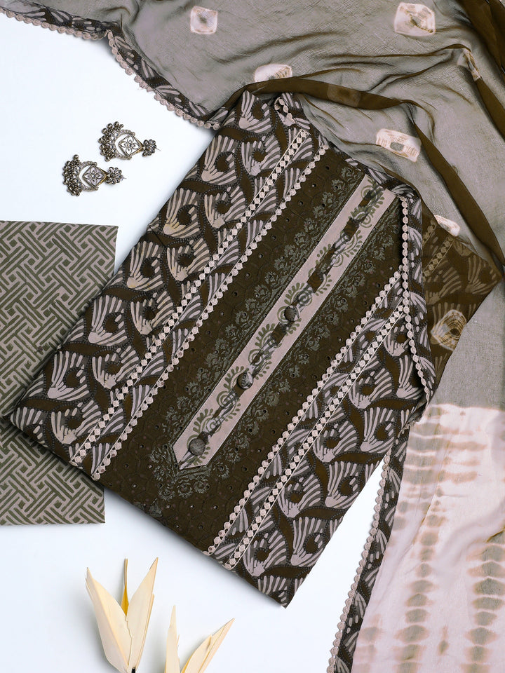 Brown Geometric Printed Cotton Dress Material With Dupatta