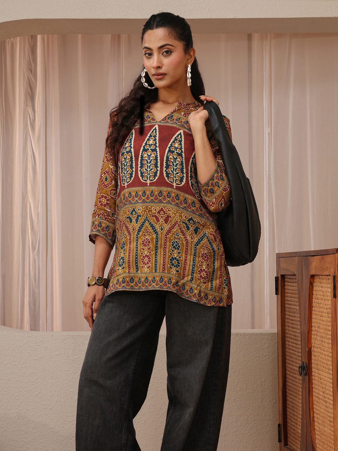 Brown Multi Printed Muslin Straight Short Kurti
