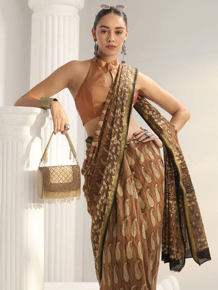 Brown Paisley Printed Cotton Saree