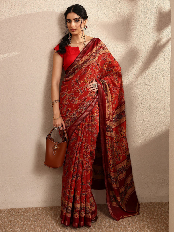 Brown Paisley Printed Silk Blend Saree With Unstitched Blouse Piece