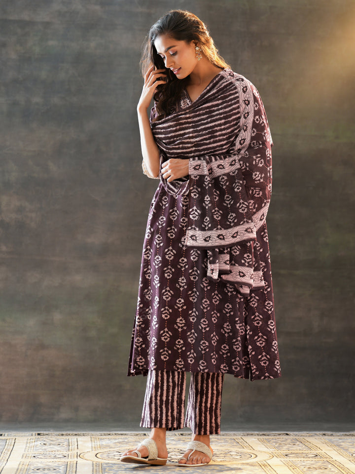 Brown Printed Cotton A-Line Suit Set With Dupatta