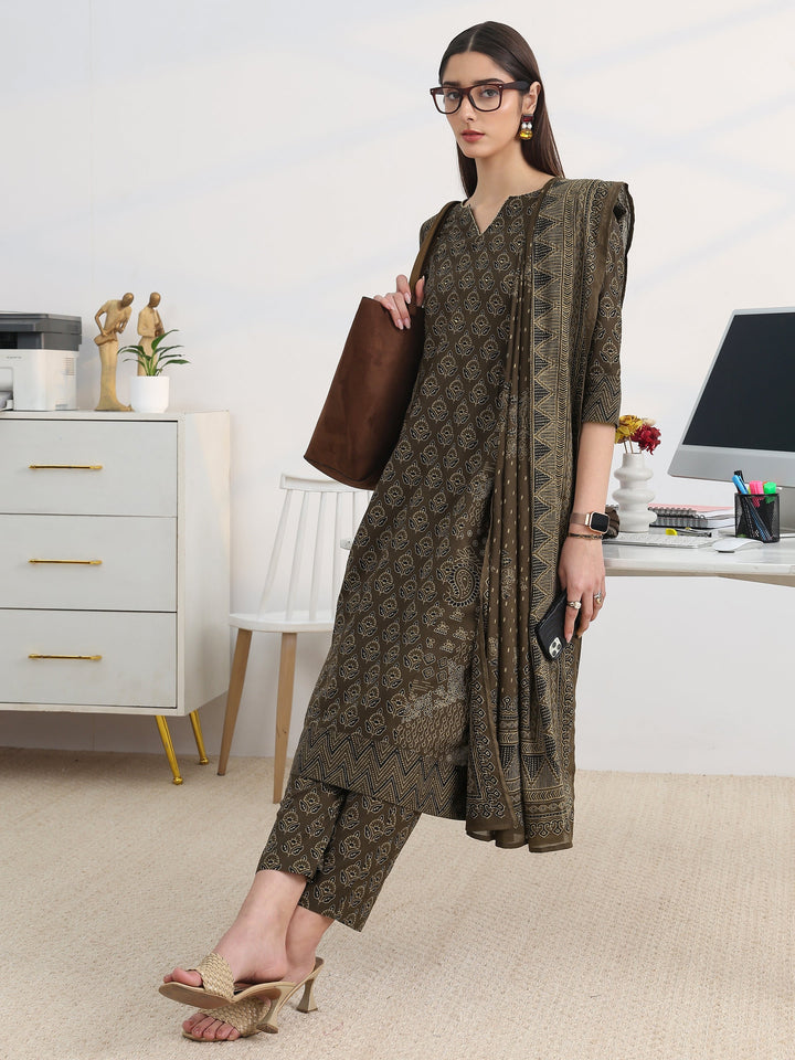 Brown Printed Cotton Blend A-Line Suit Set With Dupatta