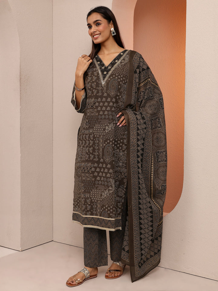 Brown Printed Cotton Straight Suit Set With Dupatta