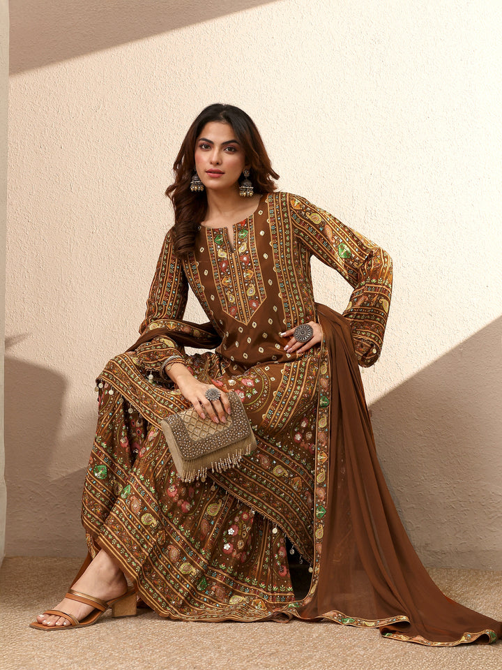 Brown Printed Crepe Straight Suit Set With Dupatta