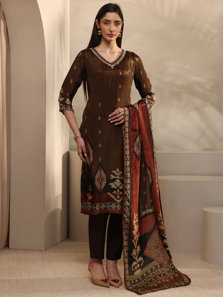 Brown Printed Crepe Straight Suit Set With Dupatta