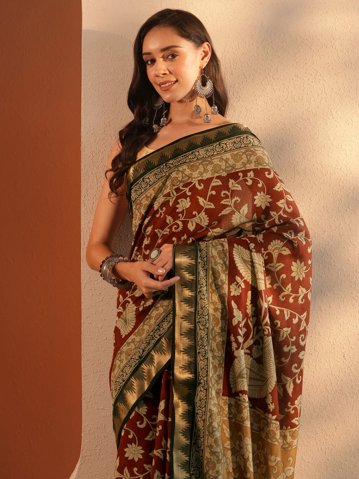 Brown Printed Silk Blend Saree With Unstitched Blouse Piece