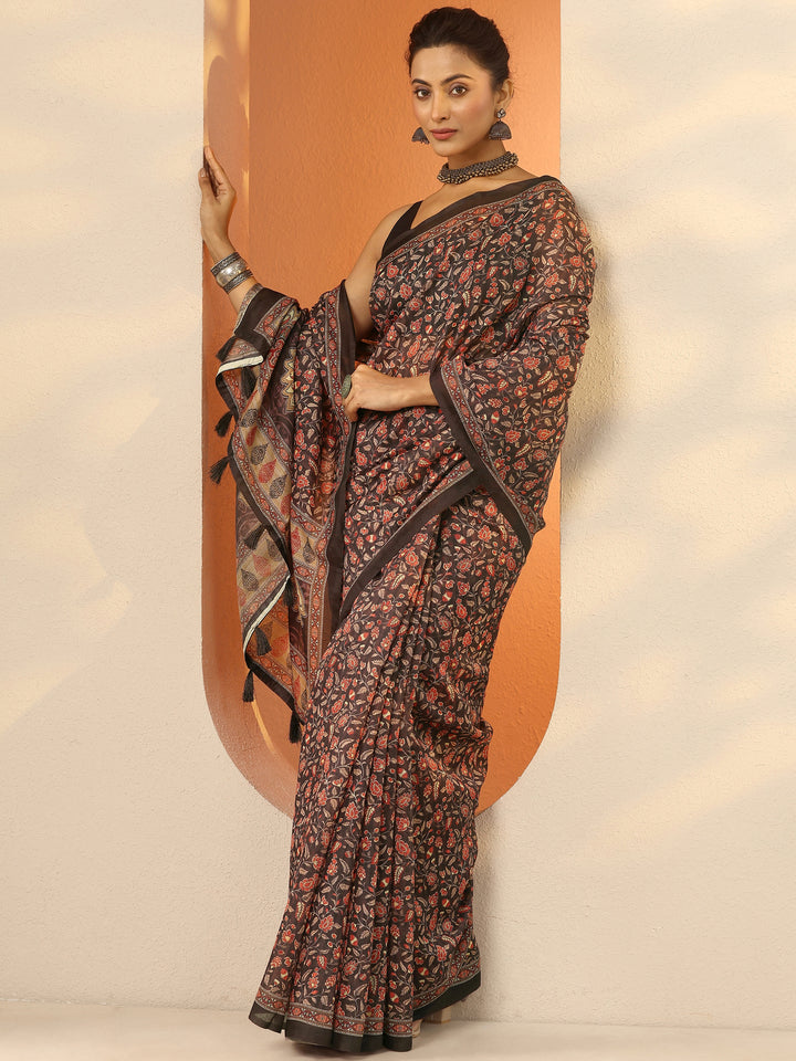Brown Printed Silk Blend Saree With Unstitched Blouse Piece