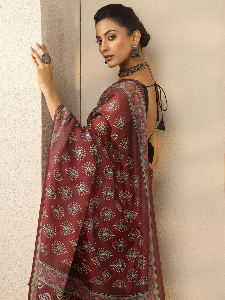 Brown Printed Silk Blend Saree With Unstitched Blouse Piece