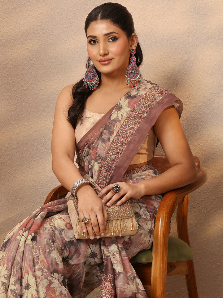 Brown Printed Silk Blend Saree With Unstitched Blouse Piece