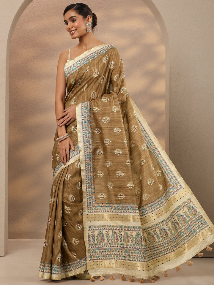 Brown Printed Silk Blend Saree With Unstitched Blouse Piece