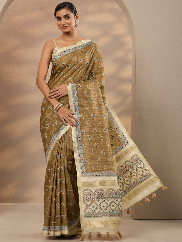 Brown Printed Silk Blend Saree With Unstitched Blouse Piece