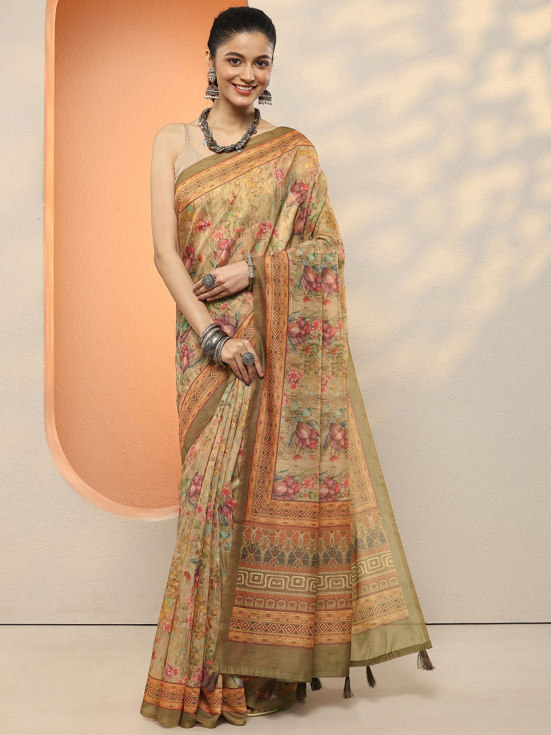 Brown Printed Silk Blend Sarees With Unstitched Blouse Piece