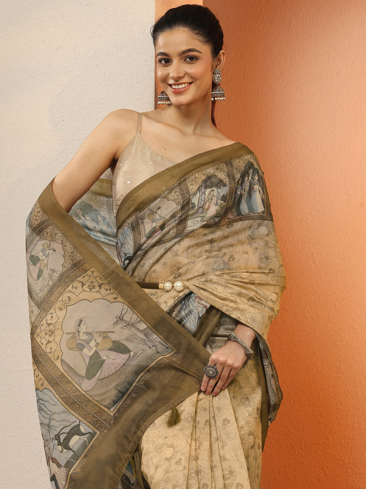 Brown Printed Silk Blend Sarees With Unstitched Blouse Piece