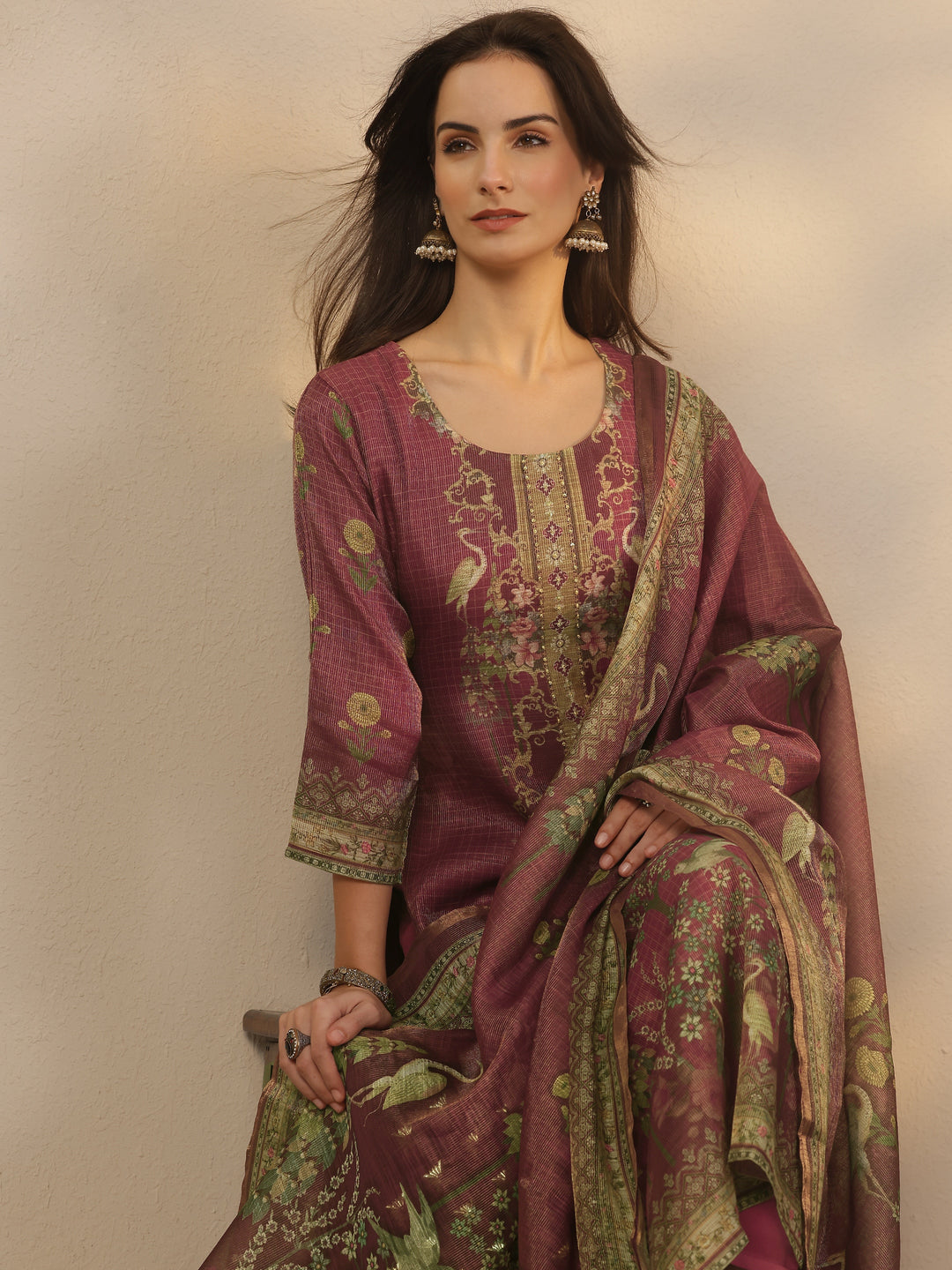 Brown Printed Silk Blend Straight Suit Set With Dupatta