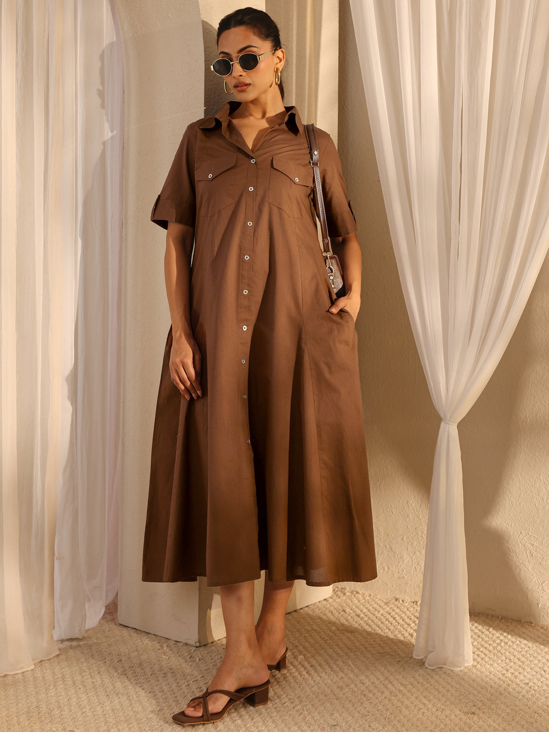 Brown Shirt Style Cotton A-Line One Piece Dress